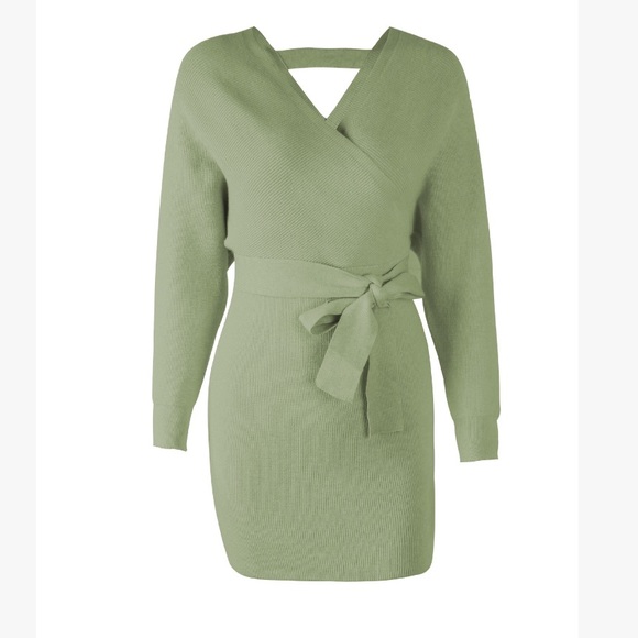 🔥🔥Sexy and Cozy Green V Neck Sweater Dress - Picture 5 of 8